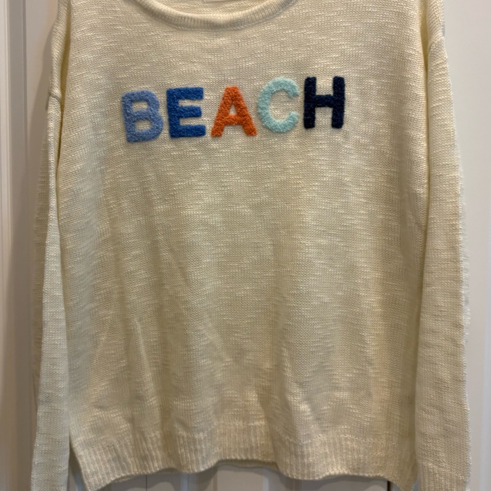 Mia & Tess “ Beach” sweater Featuring Colorful Block Lettering